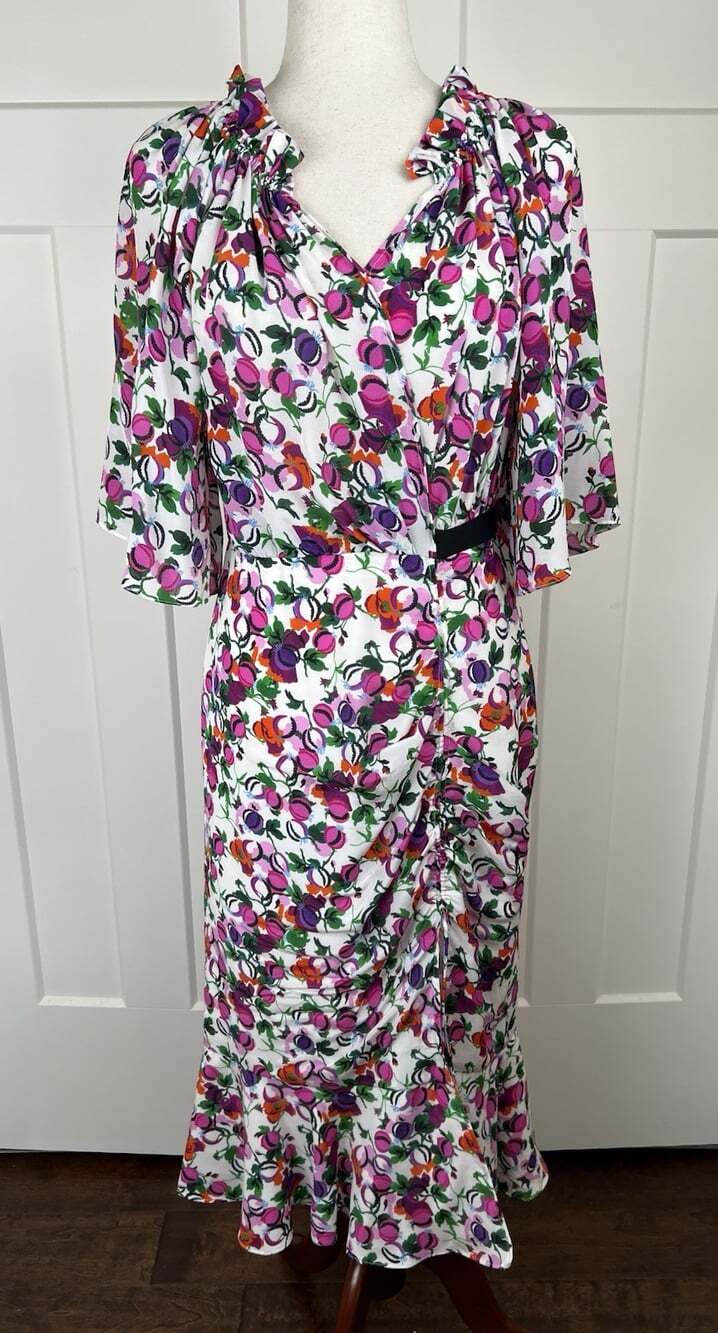 SALONI 100% Silk Floral Ruched Ruffle Midi Dress US 6 Flutter Sleeve